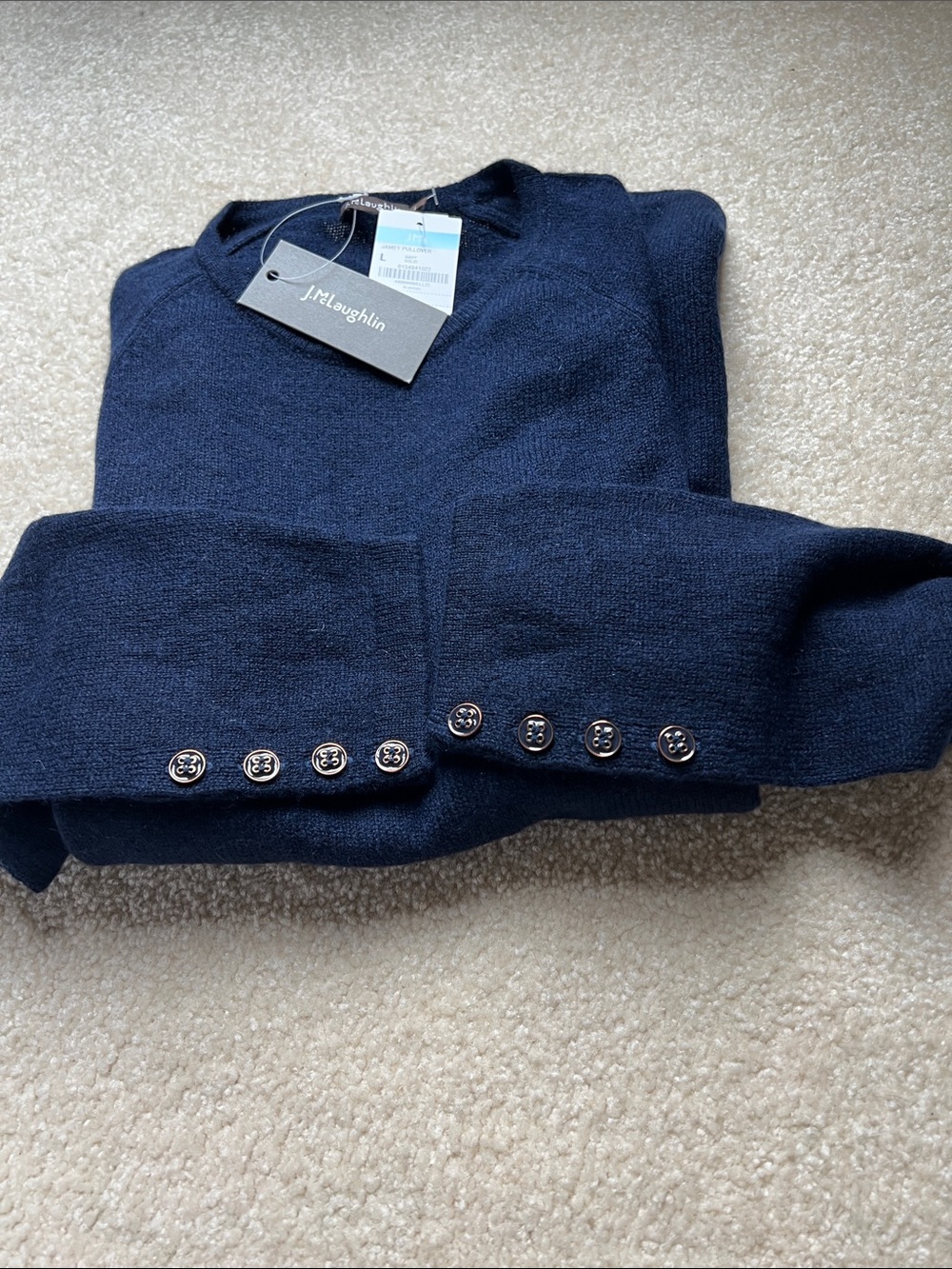 J. McLaughlin Navy Crewneck Sweater with Decorative Button Cuffs